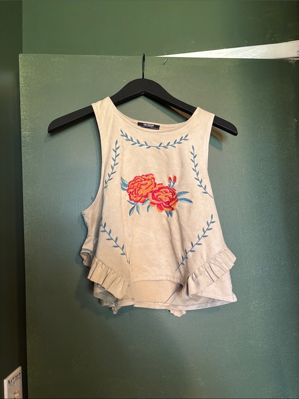 Zara Cream Floral Embroidered Ruffle Tank Top